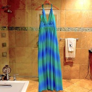 Stunning blue / green sexy maxi dress with crisscrossed back straps size L
